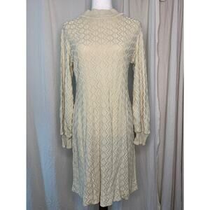 1970s Cream Beige Eyelet Lace Textured Disco GoGo Mock Neck Sweater Dress L
